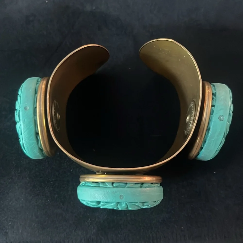 Vintage Jan Michaels Turquoise Coin Cuff Bracelet Bronze Patina Floral Retired - Picture 4 of 5